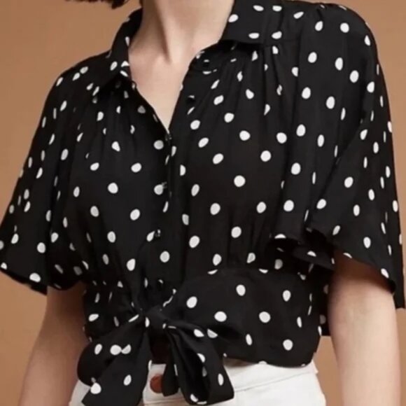 Maeve Anthropologie Polka Dot Flutter Sleeve Tie Front Waist Retro Crop Top - Picture 1 of 4